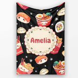 Cute Kawaii Japanese Food Sushi Ramen Dumpling Seamless Pattern  Personalised Custom Name Super Soft Fleece Blanket Bed Sofa Throw