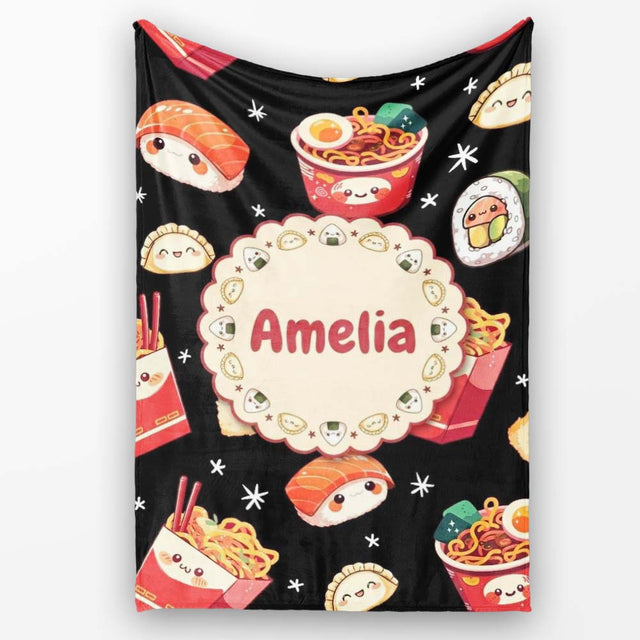 Cute Kawaii Japanese Food Sushi Ramen Dumpling Seamless Pattern  Personalised Custom Name Super Soft Fleece Blanket Bed Sofa Throw