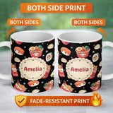 Personalized Custom Name Cute Kawaii Japanese Food Sushi Ramen Dumpling Seamless Pattern 11oz Ceramic Coffee Tea Mug White Large Handle