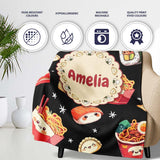 Cute Kawaii Japanese Food Sushi Ramen Dumpling Seamless Pattern  Personalised Custom Name Super Soft Fleece Blanket Bed Sofa Throw
