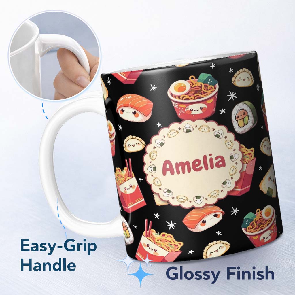 Personalized Custom Name Cute Kawaii Japanese Food Sushi Ramen Dumpling Seamless Pattern 11oz Ceramic Coffee Tea Mug White Large Handle