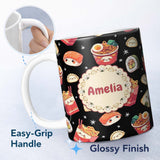 Personalized Custom Name Cute Kawaii Japanese Food Sushi Ramen Dumpling Seamless Pattern 11oz Ceramic Coffee Tea Mug White Large Handle