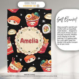 Cute Kawaii Japanese Food Sushi Ramen Dumpling Seamless Pattern  Personalised Custom Name Super Soft Fleece Blanket Bed Sofa Throw
