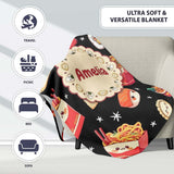 Cute Kawaii Japanese Food Sushi Ramen Dumpling Seamless Pattern  Personalised Custom Name Super Soft Fleece Blanket Bed Sofa Throw