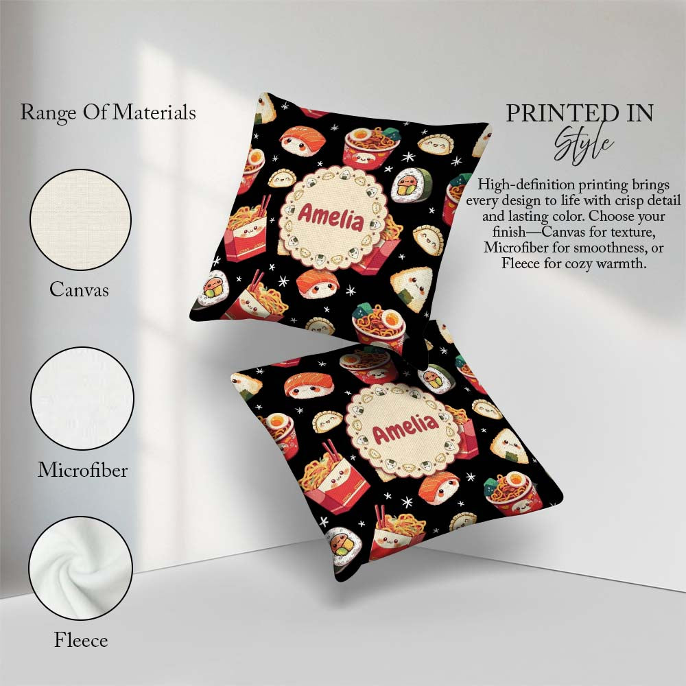 Custom Name Kawaii Japanese Food Sushi Dumpling Seamless Pattern Square Filled Cushion Throw Pillow Sofa Bed Home Decor Zip Washable UK Made