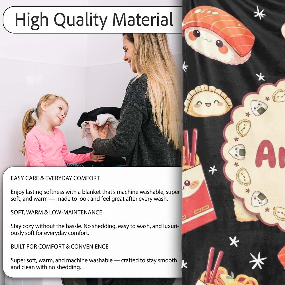 Cute Kawaii Japanese Food Sushi Ramen Dumpling Seamless Pattern  Personalised Custom Name Super Soft Fleece Blanket Bed Sofa Throw