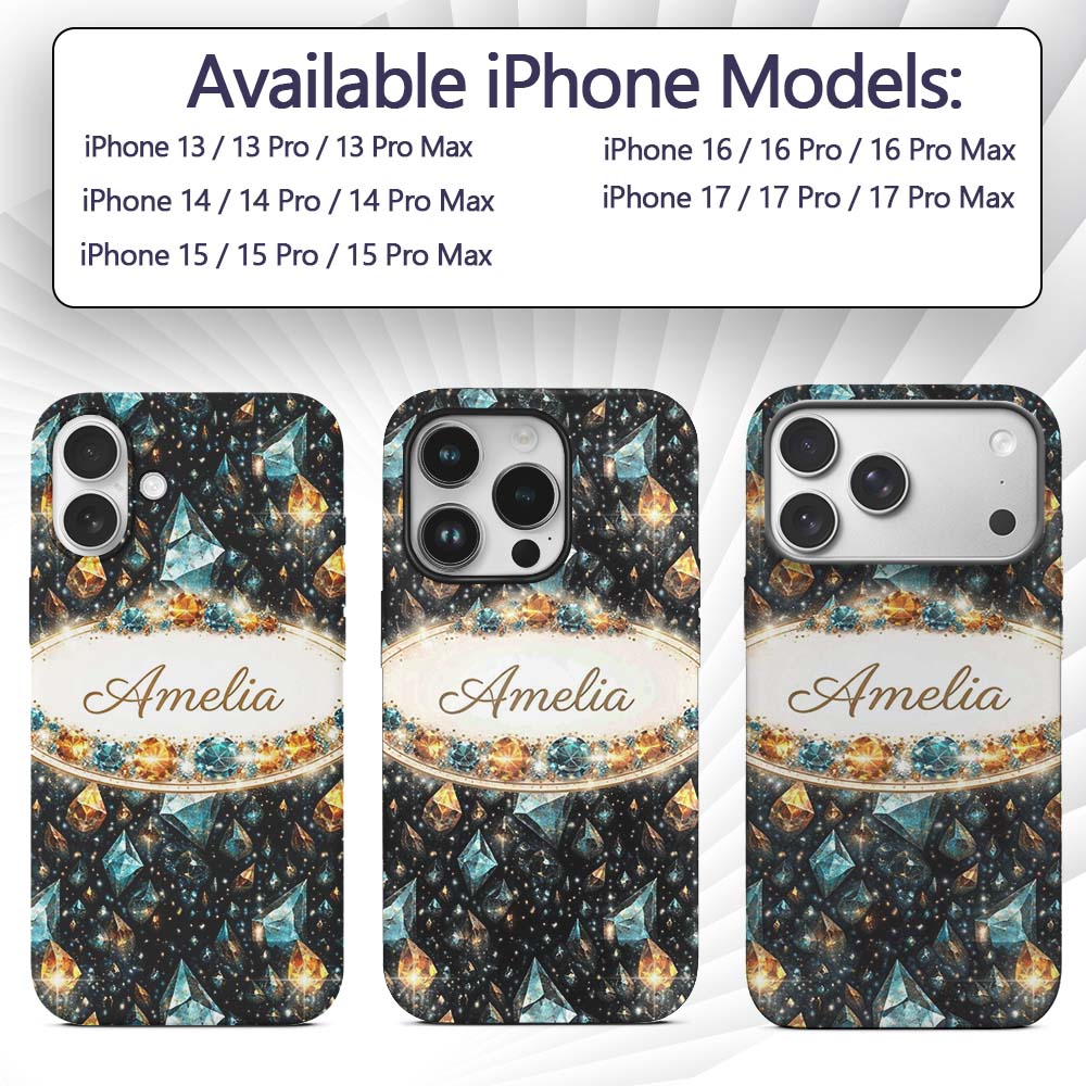 Abstract Teal Gold Crystal Texture Printed Design Custom Name Protective Phone Case Mobile Cover Durable Everyday Smartphone Shock Resistant