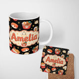 Personalized Custom Name Cute Kawaii Japanese Food Sushi Ramen Dumpling Seamless Pattern 11oz Ceramic Coffee Tea Mug White Large Handle