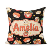 Custom Name Kawaii Japanese Food Sushi Dumpling Seamless Pattern Square Filled Cushion Throw Pillow Sofa Bed Home Decor Zip Washable UK Made