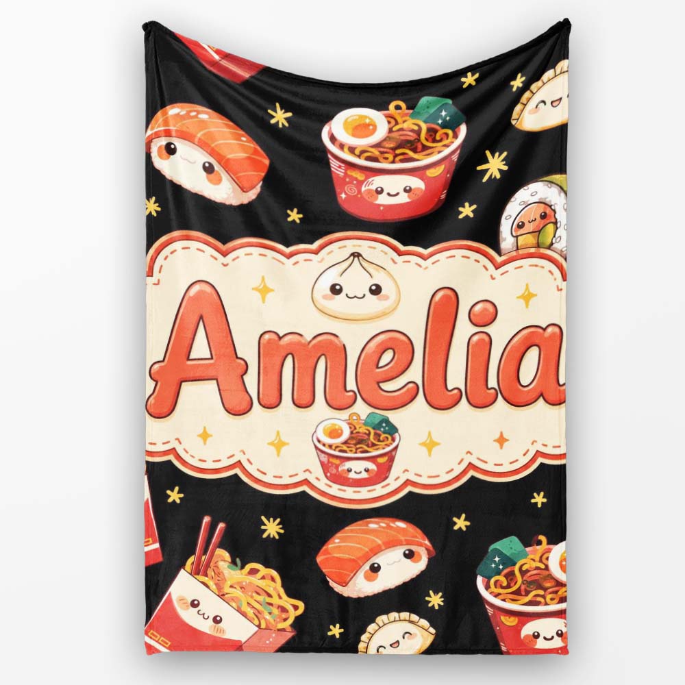 Cute Kawaii Japanese Food Sushi Ramen Dumpling Seamless Pattern  Personalised Custom Name Super Soft Fleece Blanket Bed Sofa Throw