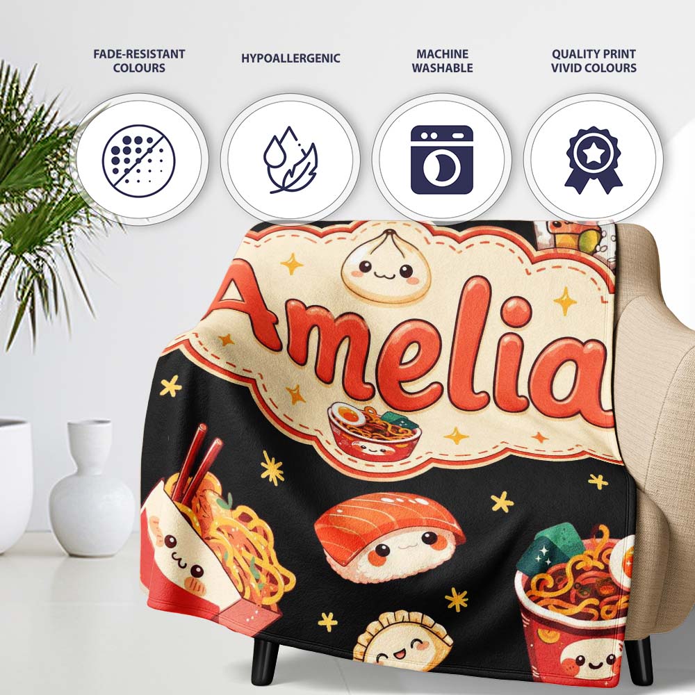 Cute Kawaii Japanese Food Sushi Ramen Dumpling Seamless Pattern  Personalised Custom Name Super Soft Fleece Blanket Bed Sofa Throw