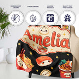 Cute Kawaii Japanese Food Sushi Ramen Dumpling Seamless Pattern  Personalised Custom Name Super Soft Fleece Blanket Bed Sofa Throw