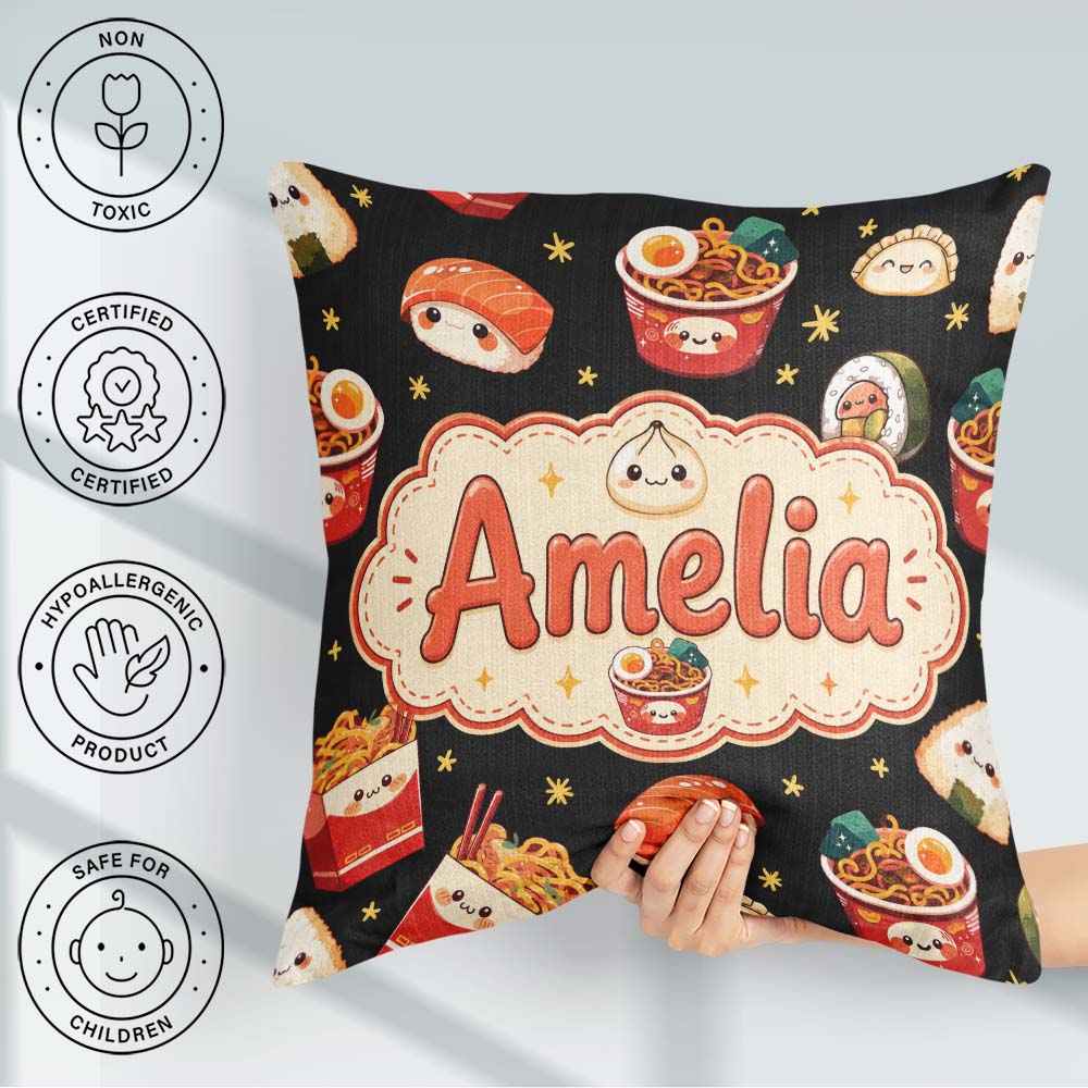 Custom Name Kawaii Japanese Food Sushi Dumpling Seamless Pattern Square Filled Cushion Throw Pillow Sofa Bed Home Decor Zip Washable UK Made