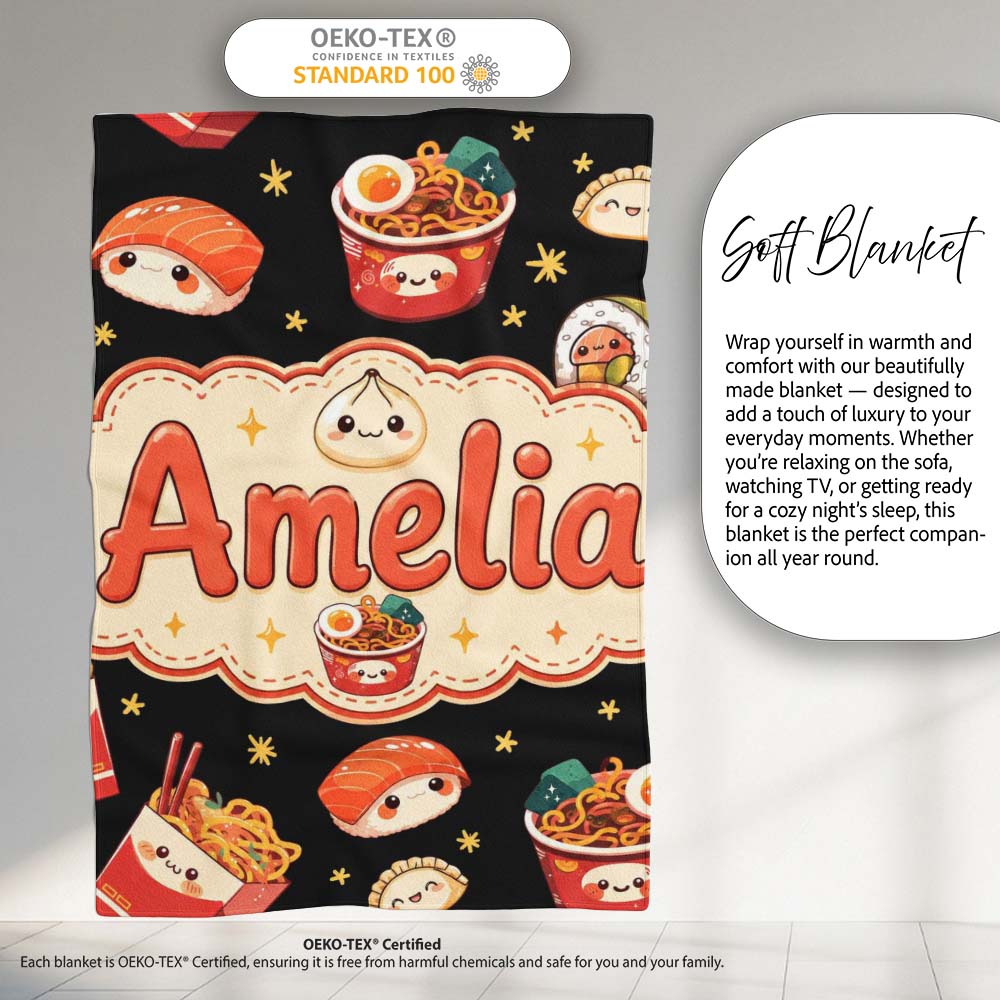 Cute Kawaii Japanese Food Sushi Ramen Dumpling Seamless Pattern  Personalised Custom Name Super Soft Fleece Blanket Bed Sofa Throw
