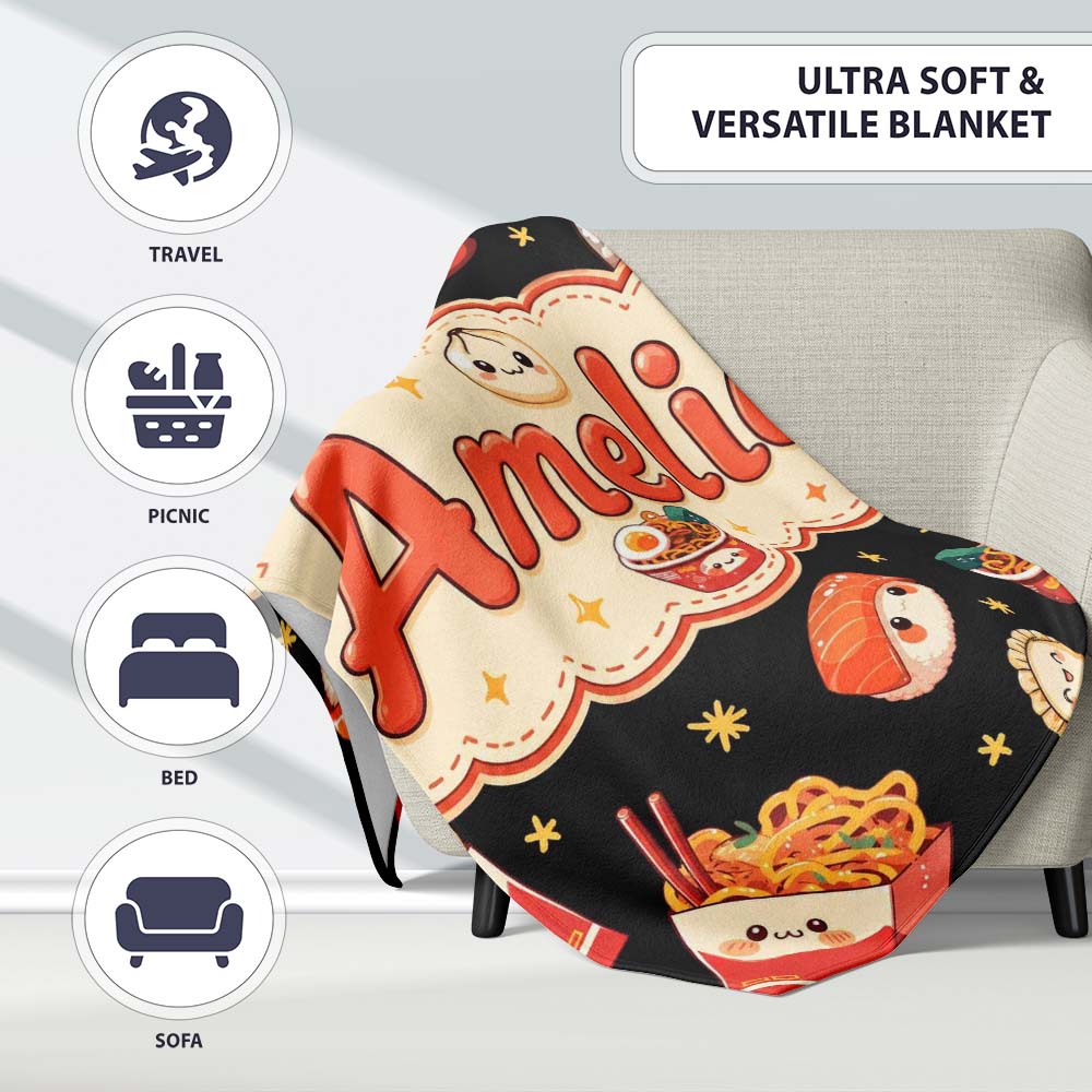 Cute Kawaii Japanese Food Sushi Ramen Dumpling Seamless Pattern  Personalised Custom Name Super Soft Fleece Blanket Bed Sofa Throw