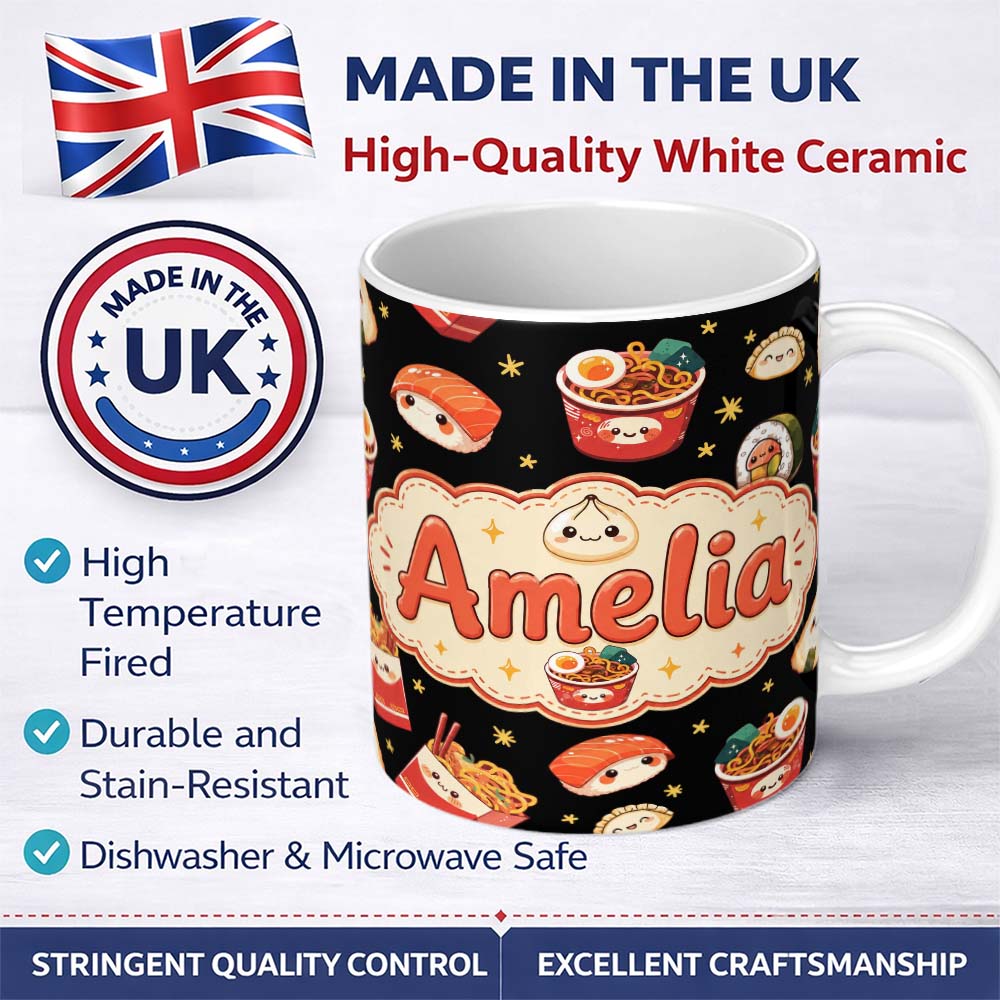 Personalized Custom Name Cute Kawaii Japanese Food Sushi Ramen Dumpling Seamless Pattern 11oz Ceramic Coffee Tea Mug White Large Handle