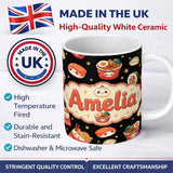 Personalized Custom Name Cute Kawaii Japanese Food Sushi Ramen Dumpling Seamless Pattern 11oz Ceramic Coffee Tea Mug White Large Handle