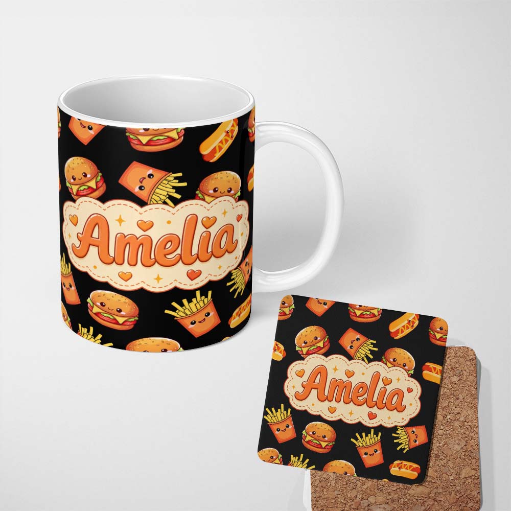 Personalized Custom Name Cute Kawaii Fast Food Burger Fries Hotdog Seamless Pattern Grey 11oz Ceramic Coffee Tea Mug White Large Handle