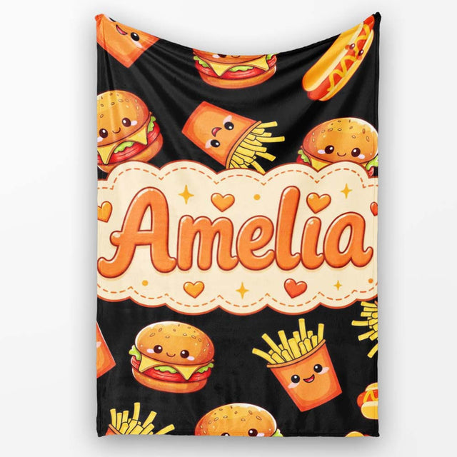 Cute Kawaii Fast Food Burger Fries Hotdog Seamless Pattern Grey  Personalised Custom Name Super Soft Fleece Blanket Bed Sofa Throw