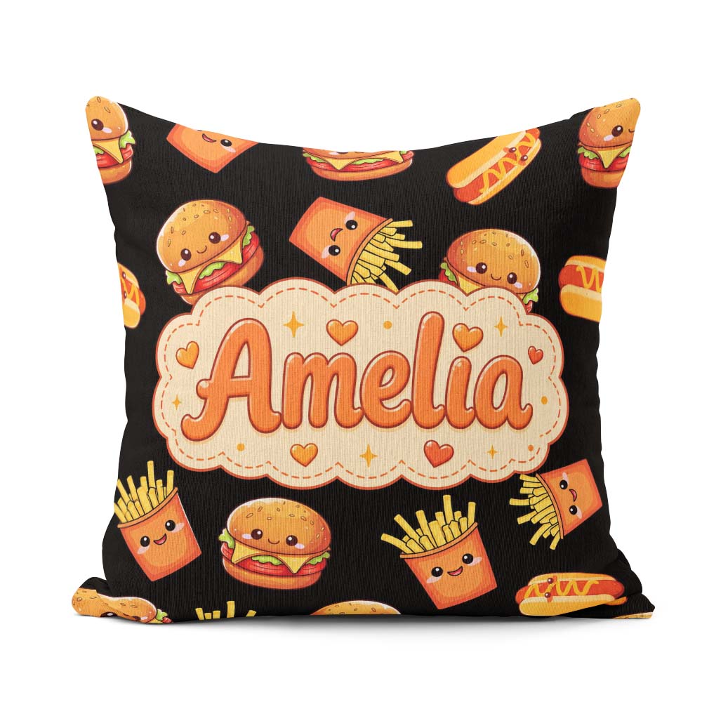 Custom Name Kawaii Fast Food Burger Hotdog Seamless Pattern Grey Square Filled Cushion Throw Pillow Sofa Bed Home Decor Zip Washable UK Made