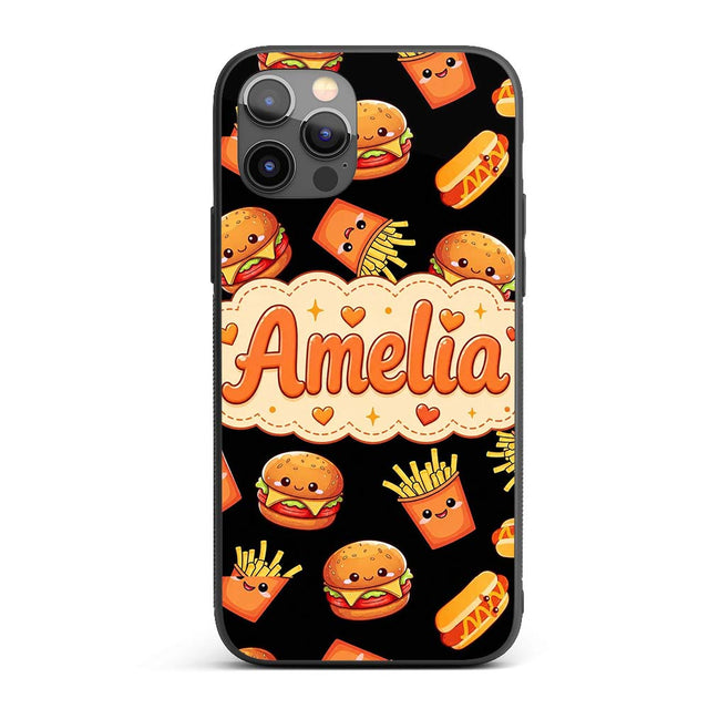 Cute Kawaii Fast Food Burger Fries Printed Design Custom Name Protective Phone Case Mobile Cover Durable Everyday Smartphone Shock Resistant