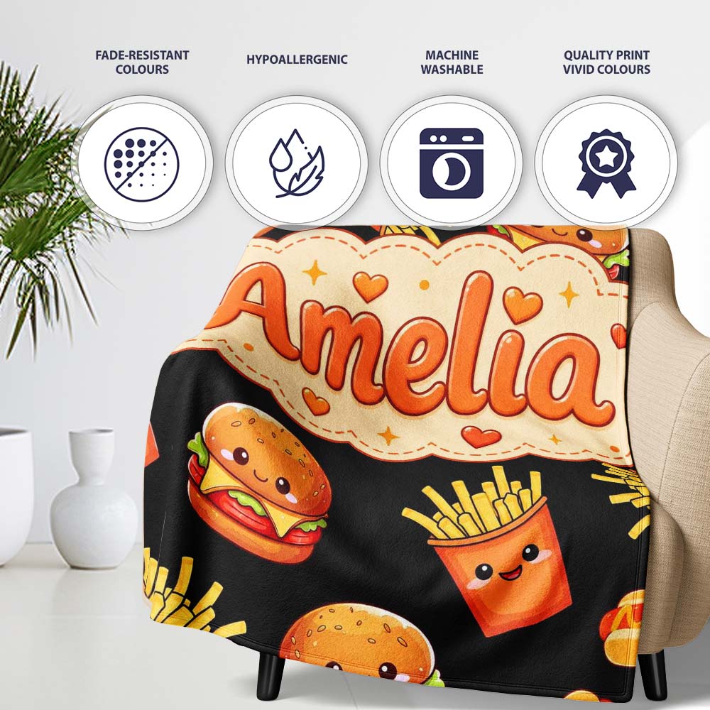 Cute Kawaii Fast Food Burger Fries Hotdog Seamless Pattern Grey  Personalised Custom Name Super Soft Fleece Blanket Bed Sofa Throw