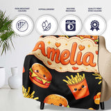 Cute Kawaii Fast Food Burger Fries Hotdog Seamless Pattern Grey  Personalised Custom Name Super Soft Fleece Blanket Bed Sofa Throw
