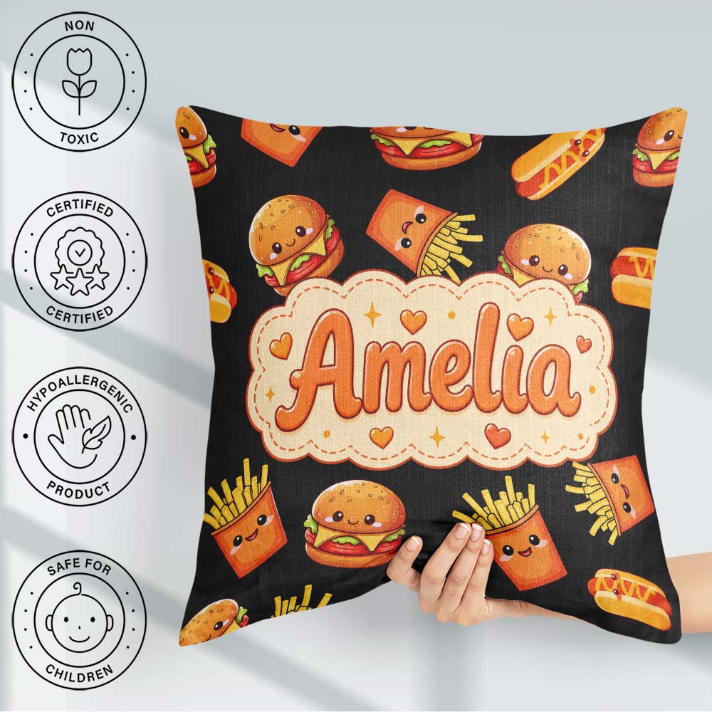 Custom Name Kawaii Fast Food Burger Hotdog Seamless Pattern Grey Square Filled Cushion Throw Pillow Sofa Bed Home Decor Zip Washable UK Made