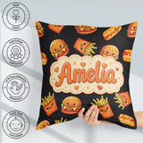 Custom Name Kawaii Fast Food Burger Hotdog Seamless Pattern Grey Square Filled Cushion Throw Pillow Sofa Bed Home Decor Zip Washable UK Made