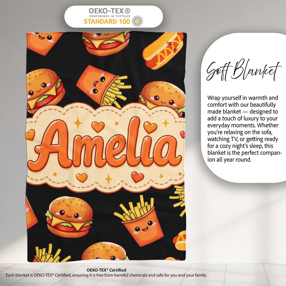 Cute Kawaii Fast Food Burger Fries Hotdog Seamless Pattern Grey  Personalised Custom Name Super Soft Fleece Blanket Bed Sofa Throw