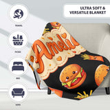Cute Kawaii Fast Food Burger Fries Hotdog Seamless Pattern Grey  Personalised Custom Name Super Soft Fleece Blanket Bed Sofa Throw