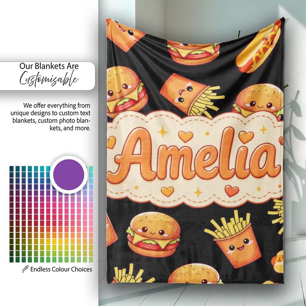Cute Kawaii Fast Food Burger Fries Hotdog Seamless Pattern Grey  Personalised Custom Name Super Soft Fleece Blanket Bed Sofa Throw