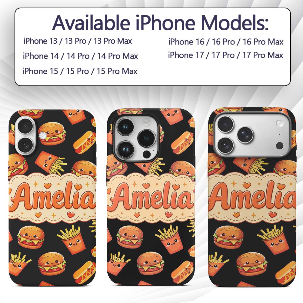 Cute Kawaii Fast Food Burger Fries Printed Design Custom Name Protective Phone Case Mobile Cover Durable Everyday Smartphone Shock Resistant