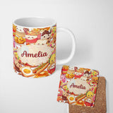 Personalized Custom Name Cute Kawaii Fast Food Mix Pizza Burger Fries Seamless Pattern Busy 11oz Ceramic Coffee Tea Mug White Large Handle