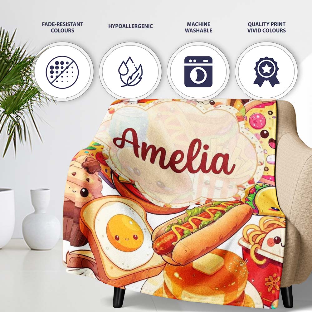 Cute Kawaii Fast Food Mix Pizza Burger Fries Seamless Pattern Busy  Personalised Custom Name Super Soft Fleece Blanket Bed Sofa Throw