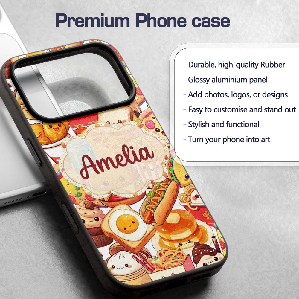 Cute Kawaii Fast Food Mix Pizza Burger Fries Custom Name Protective Phone Case Mobile Cover Durable Everyday Smartphone Shock Resistant