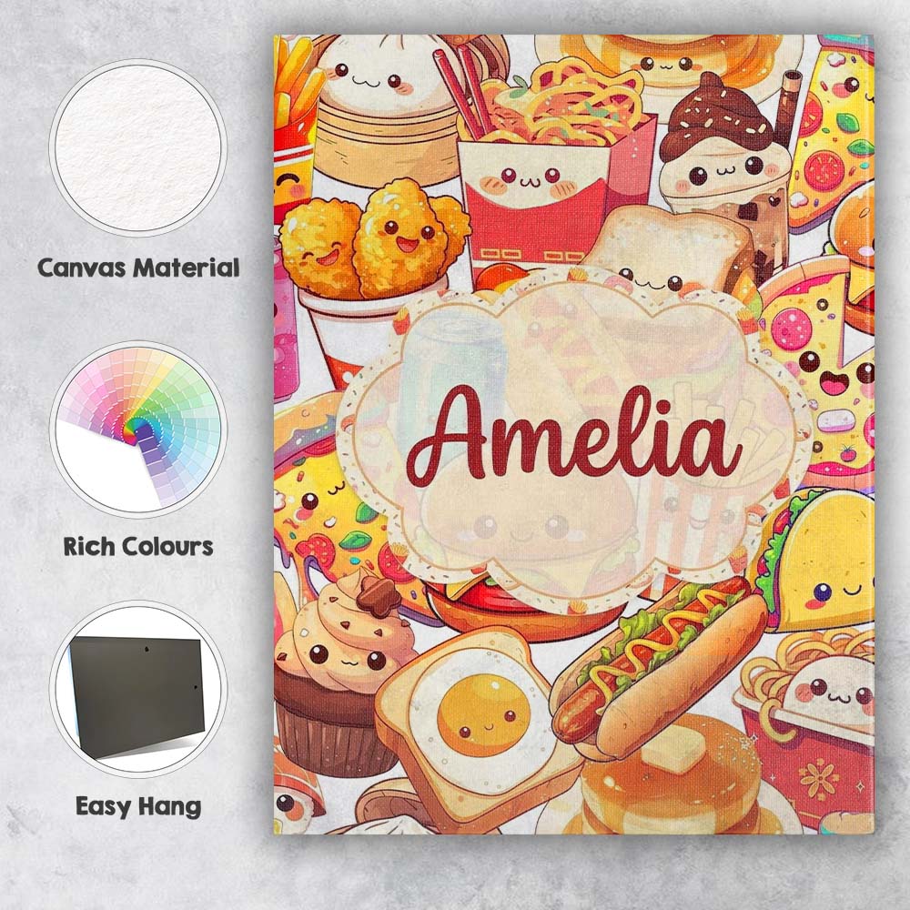 Personalised Name Cute Kawaii Fast Food Mix Custom  Bespoke Interior Contemporary Canvas Wall Art Print Decor Picture Ready to Hang