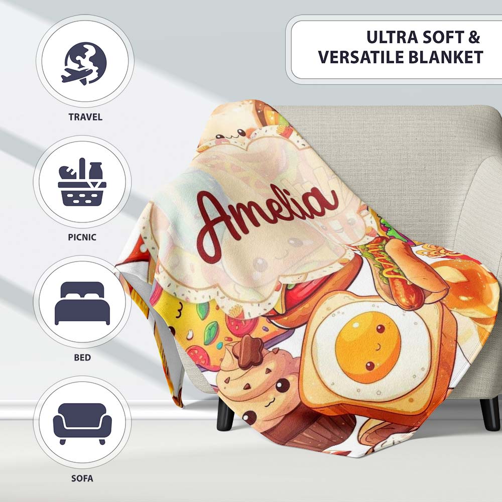 Cute Kawaii Fast Food Mix Pizza Burger Fries Seamless Pattern Busy  Personalised Custom Name Super Soft Fleece Blanket Bed Sofa Throw