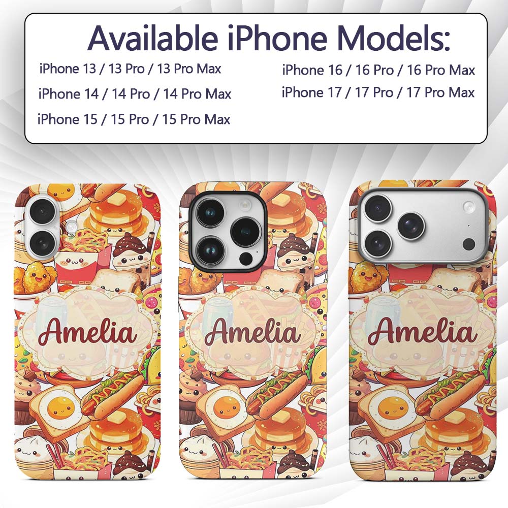 Cute Kawaii Fast Food Mix Pizza Burger Fries Custom Name Protective Phone Case Mobile Cover Durable Everyday Smartphone Shock Resistant