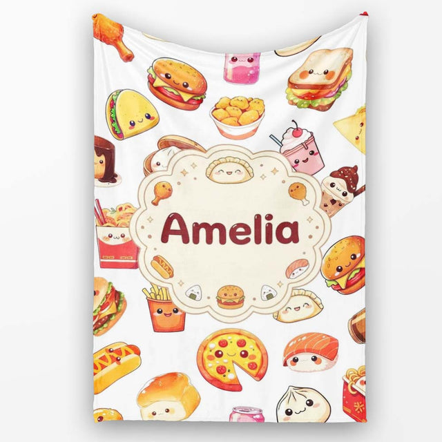 Fast Food Snack Pattern Burger Fries Drink Seamless White  Personalised Custom Name Super Soft Fleece Blanket Bed Sofa Throw