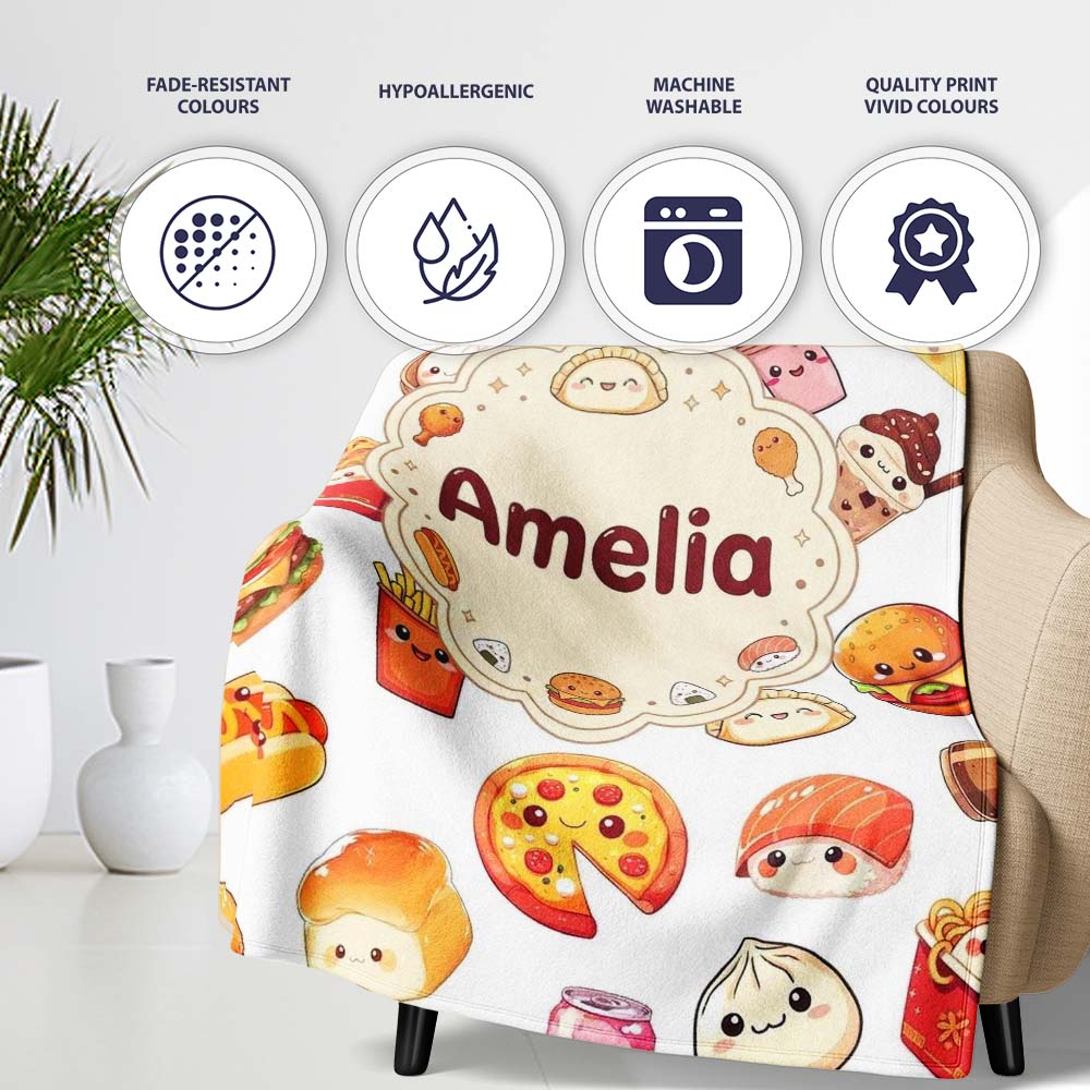 Fast Food Snack Pattern Burger Fries Drink Seamless White  Personalised Custom Name Super Soft Fleece Blanket Bed Sofa Throw