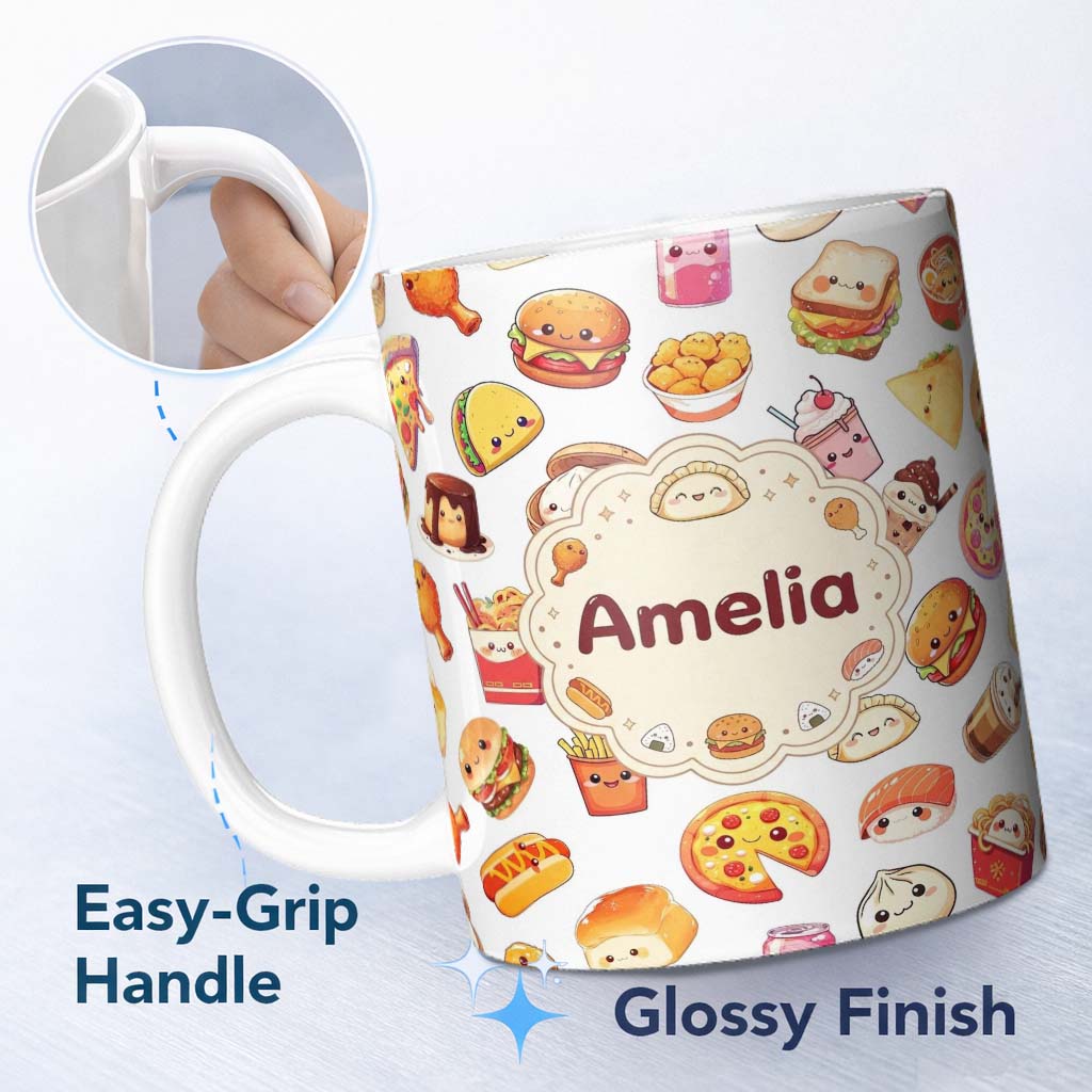 Personalized Custom Name Fast Food Snack Pattern Burger Fries Drink Seamless White 11oz Ceramic Coffee Tea Mug White Large Handle