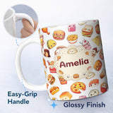 Personalized Custom Name Fast Food Snack Pattern Burger Fries Drink Seamless White 11oz Ceramic Coffee Tea Mug White Large Handle