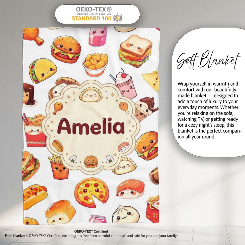 Fast Food Snack Pattern Burger Fries Drink Seamless White  Personalised Custom Name Super Soft Fleece Blanket Bed Sofa Throw
