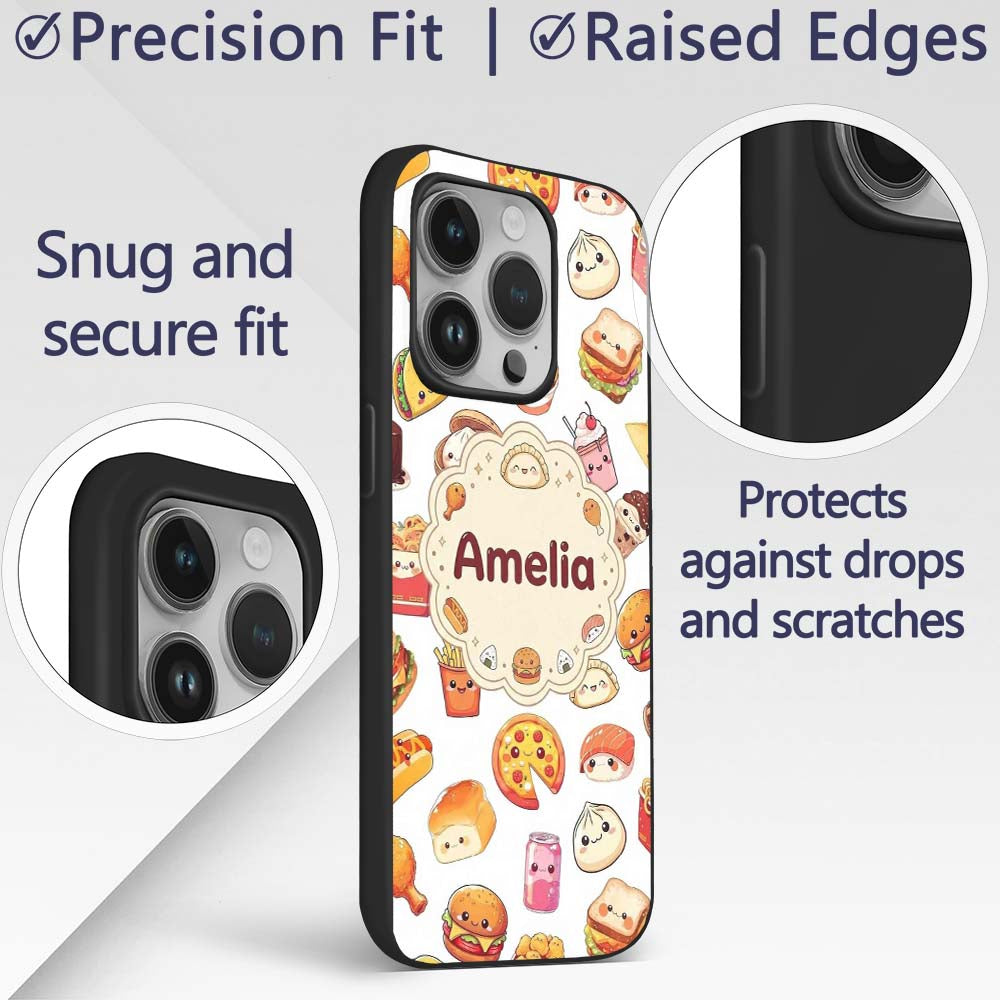 Fast Food Snack Pattern Burger Printed Design Custom Name Protective Phone Case Mobile Cover Durable Everyday Smartphone Shock Resistant