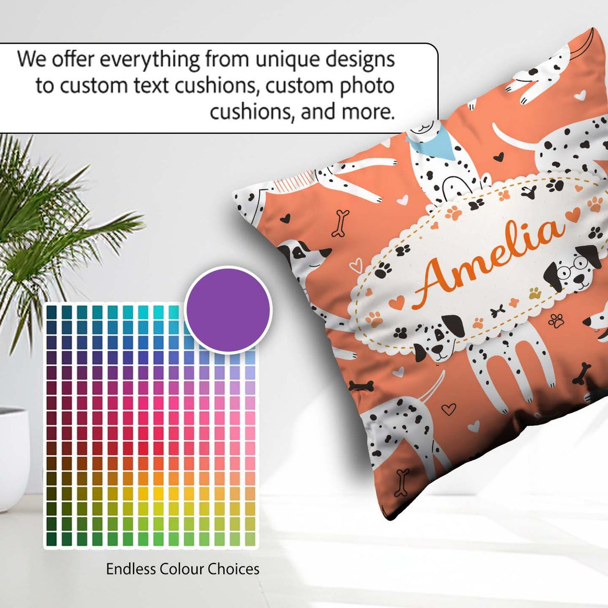 Custom Name Dogs Hearts Peach Background Seamless Pattern Lovely Square Filled Cushion Throw Pillow Sofa Bed Home Decor Zip Washable UK Made