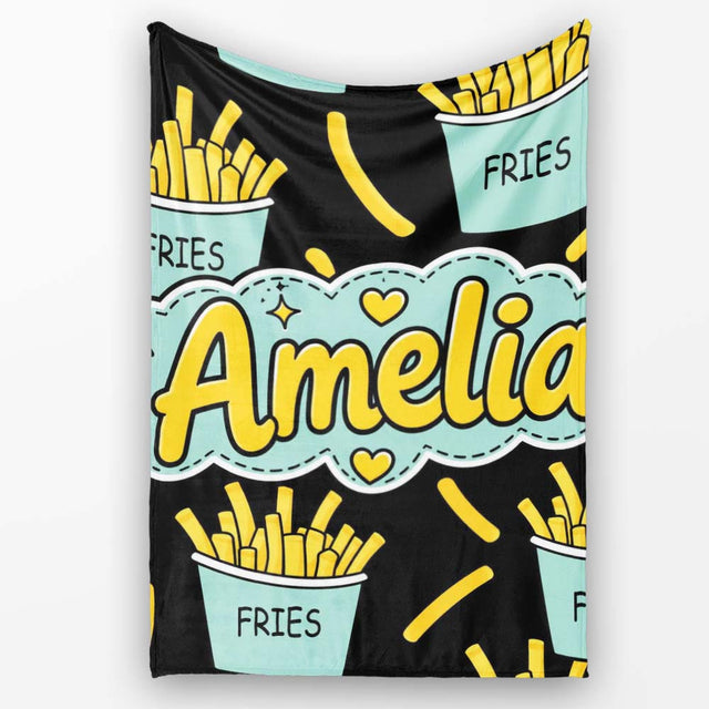 Cute Kawaii French Fries Fast Food Seamless Pattern White  Personalised Custom Name Super Soft Fleece Blanket Bed Sofa Throw