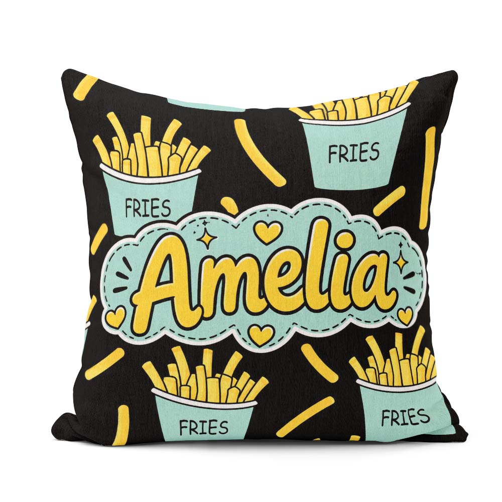 Custom Name Kawaii French Fries Fast Food Seamless Pattern White Square Filled Cushion Throw Pillow Sofa Bed Home Decor Zip Washable UK Made