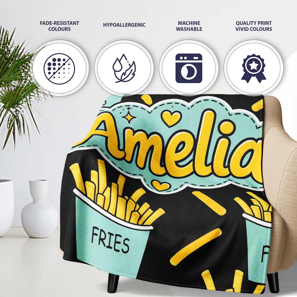Cute Kawaii French Fries Fast Food Seamless Pattern White  Personalised Custom Name Super Soft Fleece Blanket Bed Sofa Throw