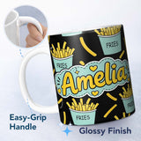 Personalized Custom Name Cute Kawaii French Fries Fast Food Seamless Pattern White 11oz Ceramic Coffee Tea Mug White Large Handle